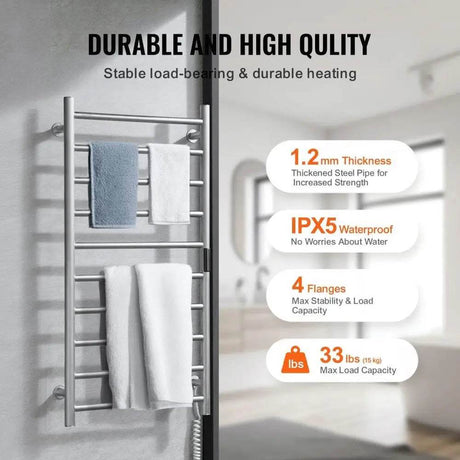 10-Bar Towel Warmer Rack Wall-Mounted Heated Towel Rack Bathroom Silver - Sleep Galleria