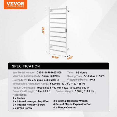 10-Bar Towel Warmer Rack Wall-Mounted Heated Towel Rack Bathroom Silver - Sleep Galleria