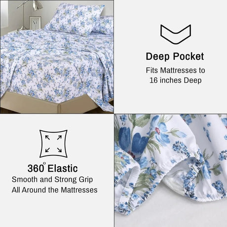 100% Cotton Sheets Queen Size Set, 4 Pieces, Soft & Breathable Percale Weave Bedding, Deep Pocket 16", Hotel Standard, Crisp Co - Omega Lifestyles