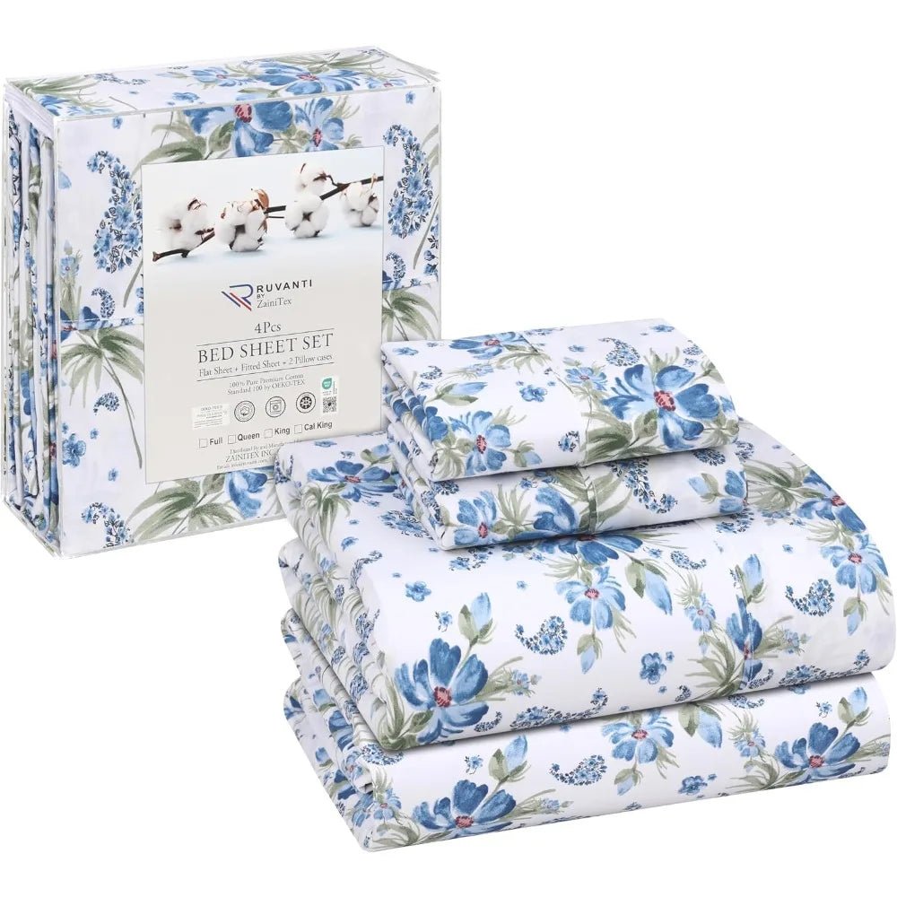 100% Cotton Sheets Queen Size Set, 4 Pieces, Soft & Breathable Percale Weave Bedding, Deep Pocket 16", Hotel Standard, Crisp Co - Omega Lifestyles