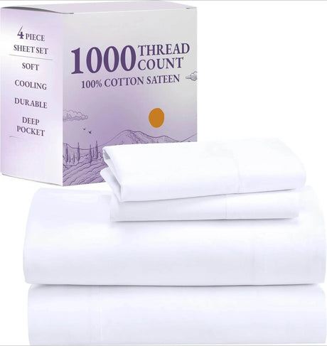 1000 Thread Count King Size Sheet Set - 100% Cotton Sheets with Deep Pockets, Softer Than Egyptian Cotton - White - Sleep Galleria