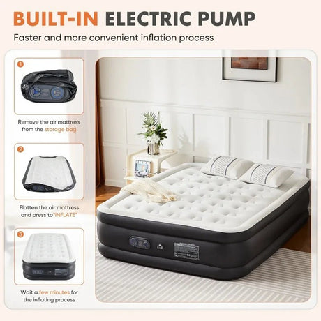 18" Queen Size Air Mattress Bed with Built- in Pump Blow Up Mattresses for Camping, Indoor Colchon, Guests Air Bed - Omega Lifestyles