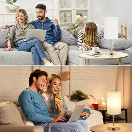 2 Pack 14 Inch Small Table Lamp for Bedroom, 3 Way Dimmable, Touch Control, Dual Charging Ports, 3000K Soft Warm (2 LED Bulb) - Omega Lifestyles