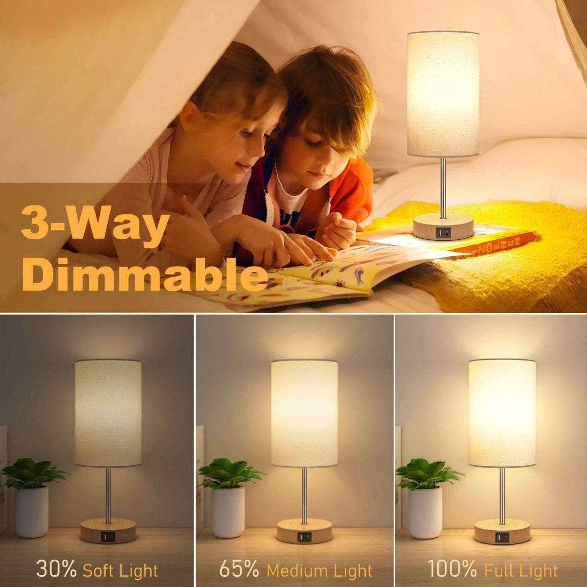 2 Pack 14 Inch Small Table Lamp for Bedroom, 3 Way Dimmable, Touch Control, Dual Charging Ports, 3000K Soft Warm (2 LED Bulb) - Omega Lifestyles