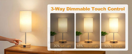 2 Pack 14 Inch Small Table Lamp for Bedroom, 3 Way Dimmable, Touch Control, Dual Charging Ports, 3000K Soft Warm (2 LED Bulb) - Omega Lifestyles