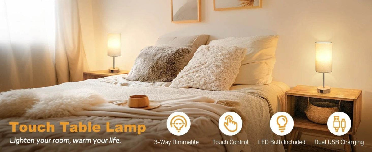2 Pack 14 Inch Small Table Lamp for Bedroom, 3 Way Dimmable, Touch Control, Dual Charging Ports, 3000K Soft Warm (2 LED Bulb) - Omega Lifestyles