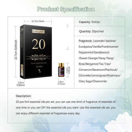 20pcs Gift Box Pure Natural Plant Essential Oils Set for Humidifier Diffuser Lemongrass Mint Eucalyptus Lavender Oil Citronella - Sleep Galleria