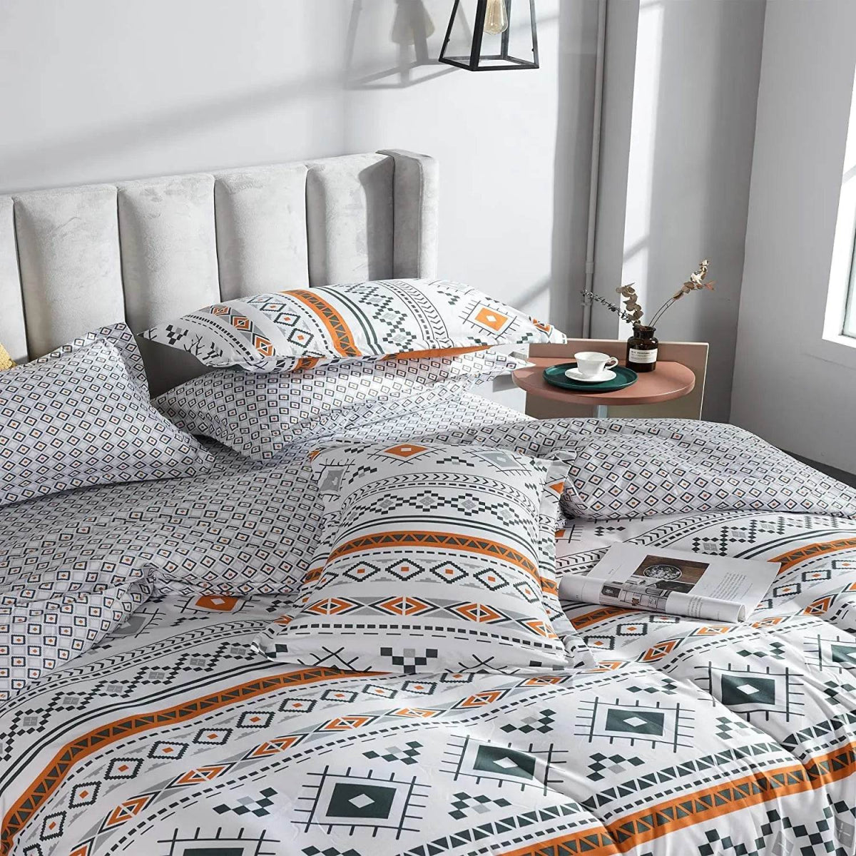 3 Piece Aztec Geometric Duvet Cover Set Twin Set, Folk Style White and Orange Sheets, Super Soft Zipper Closure Quilt Cover, - Sleep Galleria