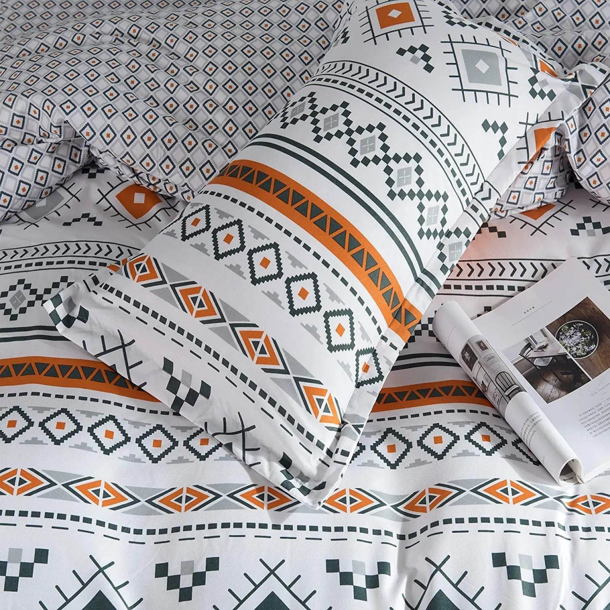 3 Piece Aztec Geometric Duvet Cover Set Twin Set, Folk Style White and Orange Sheets, Super Soft Zipper Closure Quilt Cover, - Sleep Galleria