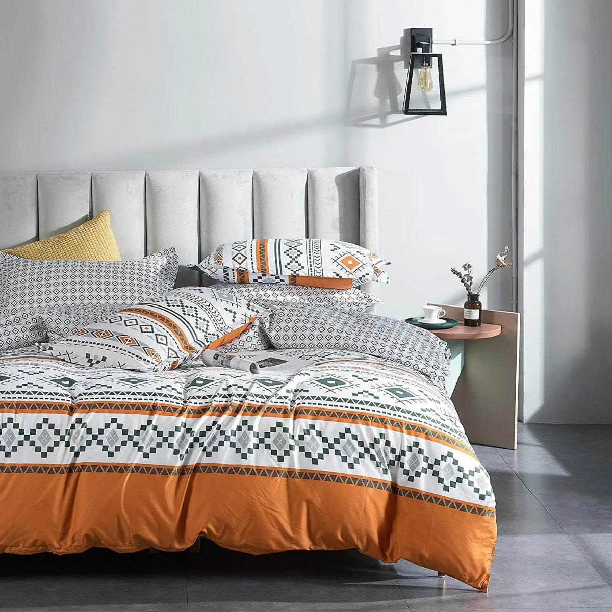 3 Piece Aztec Geometric Duvet Cover Set Twin Set, Folk Style White and Orange Sheets, Super Soft Zipper Closure Quilt Cover, - Sleep Galleria