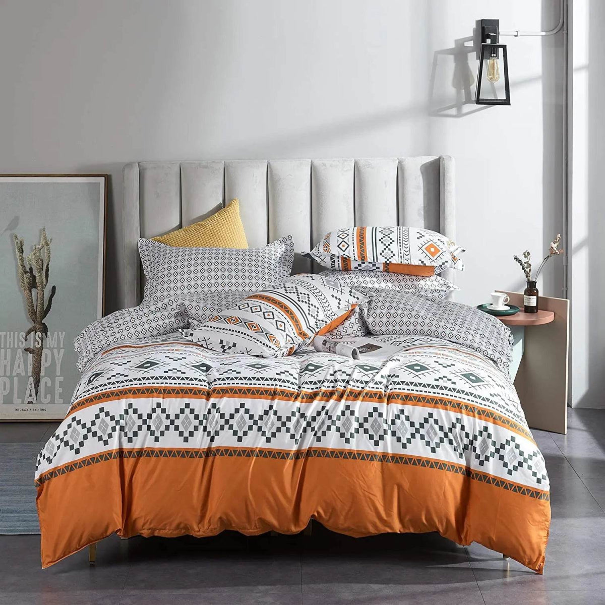 3 Piece Aztec Geometric Duvet Cover Set Twin Set, Folk Style White and Orange Sheets, Super Soft Zipper Closure Quilt Cover, - Sleep Galleria