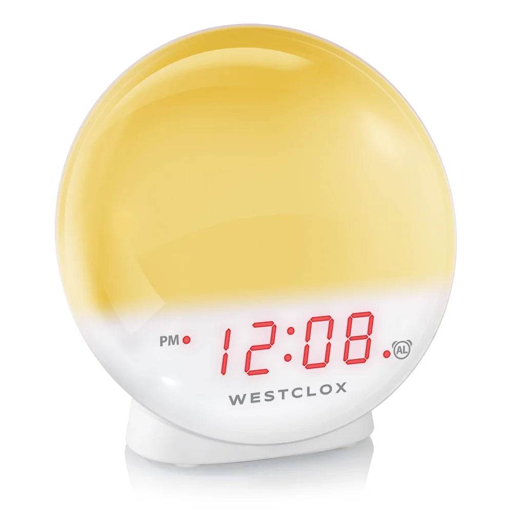 5 Inch White Electric Sunrise Simulator Alarm Clock Digital LED Display Snooze Function Dimmable Nightlight Sunset Relaxation - Sleep Galleria