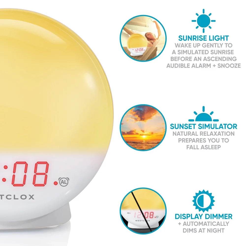 5 Inch White Electric Sunrise Simulator Alarm Clock Digital LED Display Snooze Function Dimmable Nightlight Sunset Relaxation - Sleep Galleria