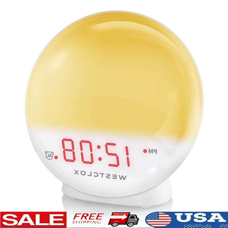 5 Inch White Electric Sunrise Simulator Alarm Clock Digital LED Display Snooze Function Dimmable Nightlight Sunset Relaxation - Sleep Galleria