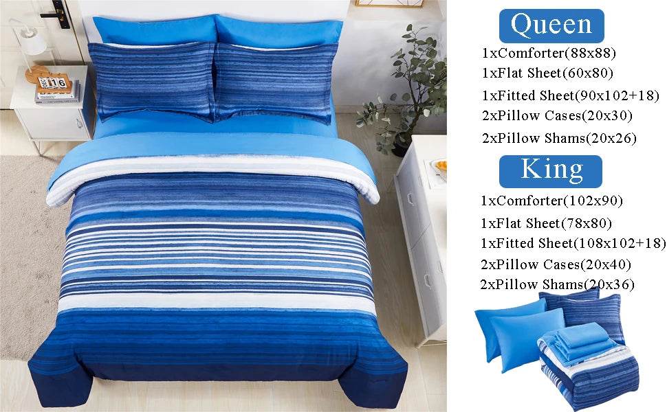 7 Piece Bed Stripe Comforter Set, Queen Size, Patchwork Striped Comforter and Sheet Set, Soft Microfiber Complete Bedding Sets - Omega Lifestyles