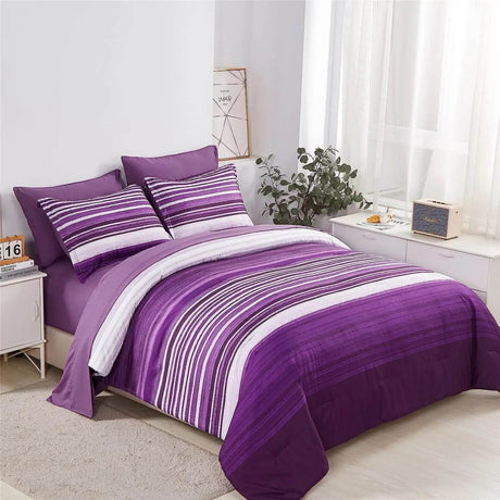 7 Piece Bed Stripe Comforter Set, Queen Size, Patchwork Striped Comforter and Sheet Set, Soft Microfiber Complete Bedding Sets - Omega Lifestyles