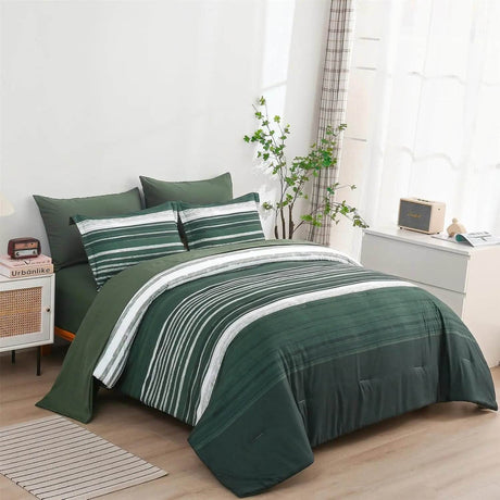7 Piece Bed Stripe Comforter Set, Queen Size, Patchwork Striped Comforter and Sheet Set, Soft Microfiber Complete Bedding Sets - Omega Lifestyles