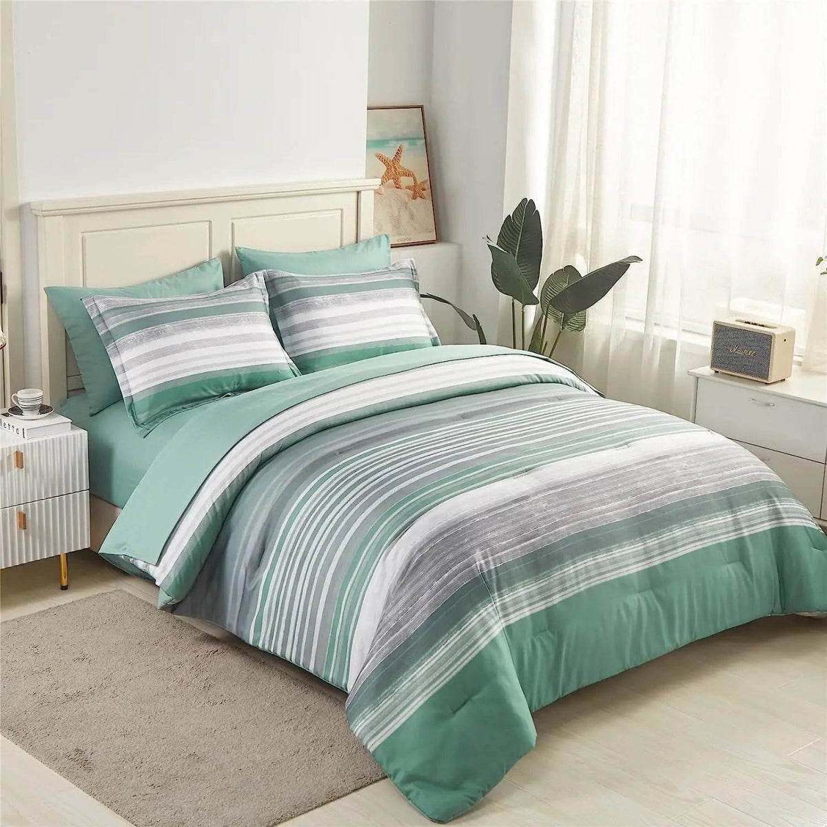 7 Piece Bed Stripe Comforter Set, Queen Size, Patchwork Striped Comforter and Sheet Set, Soft Microfiber Complete Bedding Sets - Omega Lifestyles