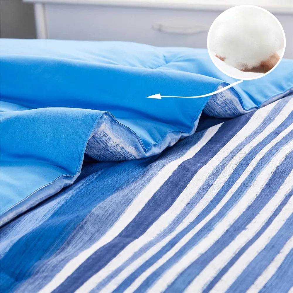 7 Piece Bed Stripe Comforter Set, Queen Size, Patchwork Striped Comforter and Sheet Set, Soft Microfiber Complete Bedding Sets - Omega Lifestyles