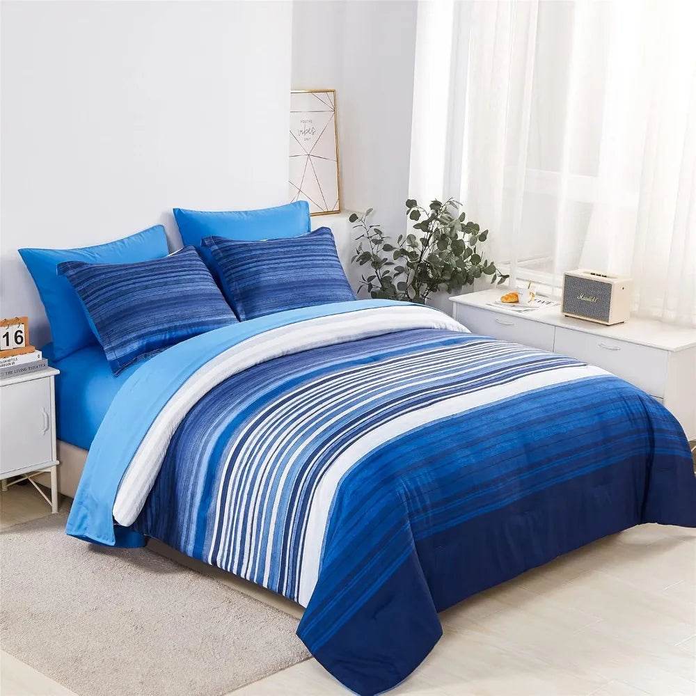 7 Piece Bed Stripe Comforter Set, Queen Size, Patchwork Striped Comforter and Sheet Set, Soft Microfiber Complete Bedding Sets - Omega Lifestyles