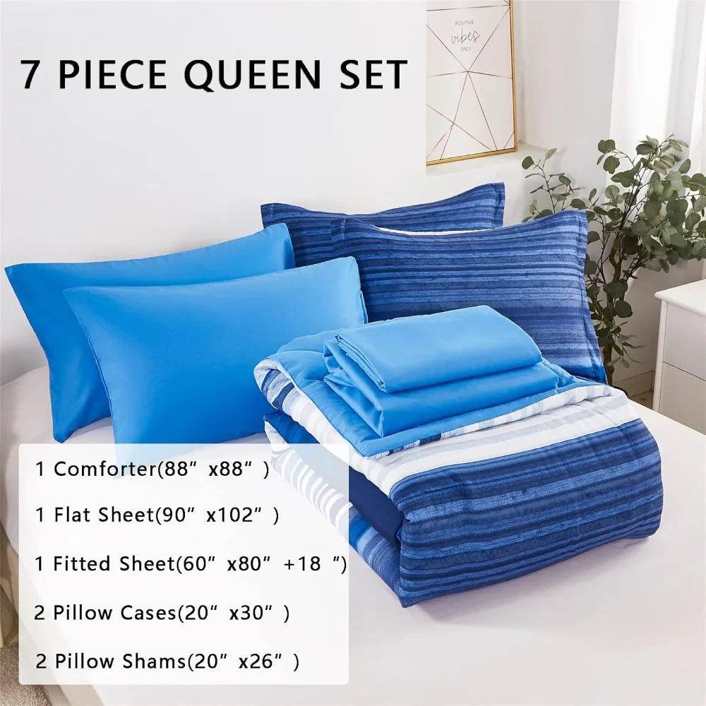 7 Piece Bed Stripe Comforter Set, Queen Size, Patchwork Striped Comforter and Sheet Set, Soft Microfiber Complete Bedding Sets - Omega Lifestyles