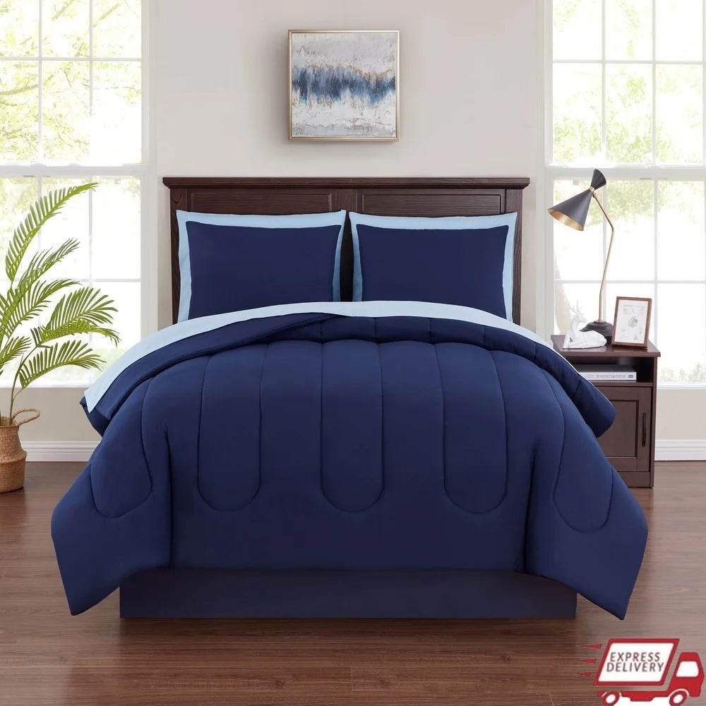 7 Piece Reversible Bed in a Bag Comforter Set with Sheets Pillowcases Shams Fitted Flat Queen Size Machine Washable Polyester - Sleep Galleria