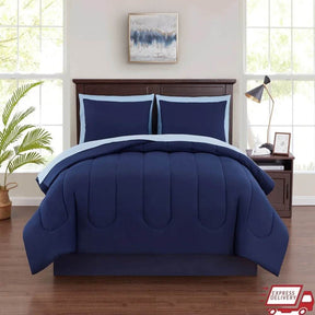 7 Piece Reversible Bed in a Bag Comforter Set with Sheets Pillowcases Shams Fitted Flat Queen Size Machine Washable Polyester - Omega Lifestyles