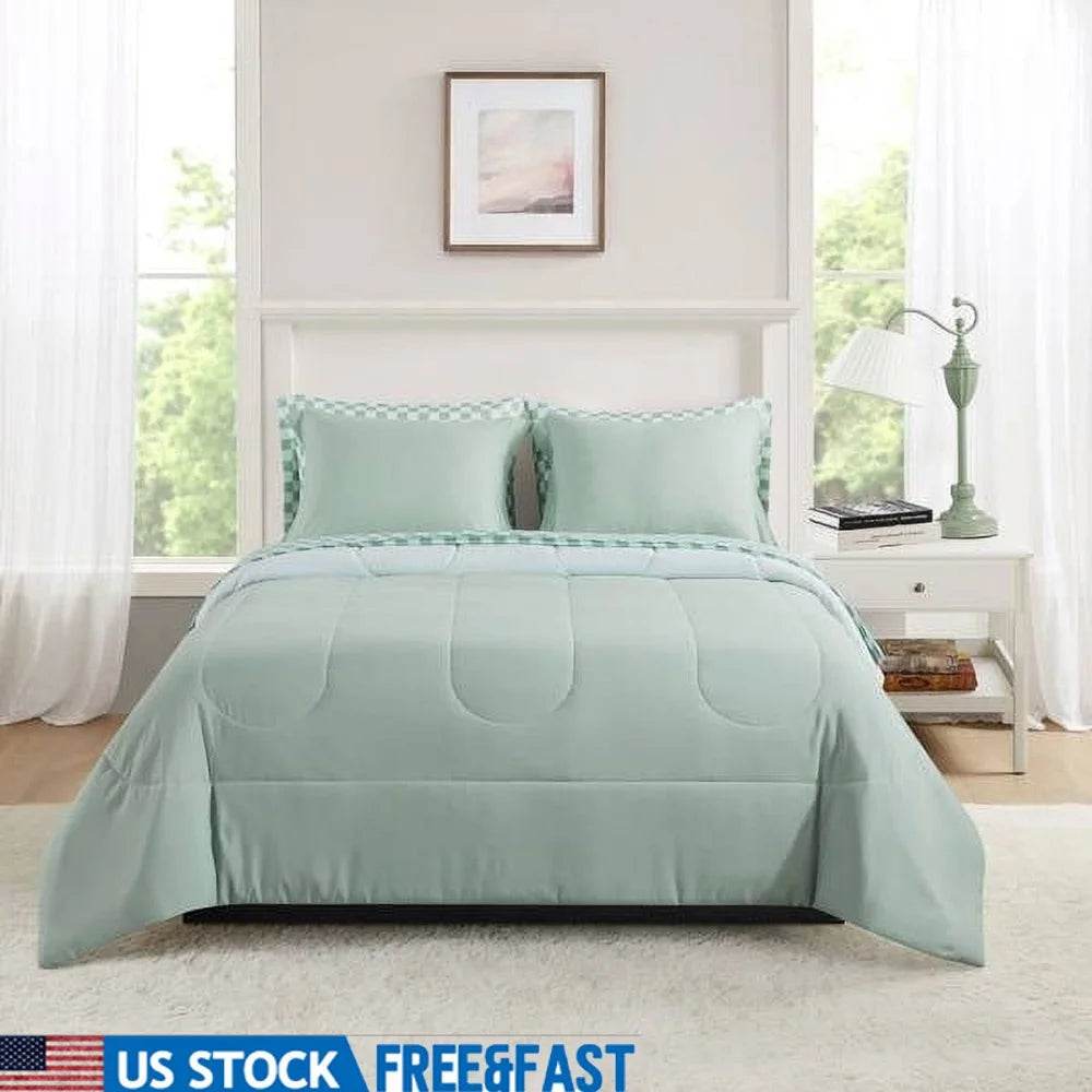 7 Piece Reversible Bed in a Bag Comforter Set with Sheets Soft Polyester Queen Bedding Set Machine Washable Storage Bag - Sleep Galleria