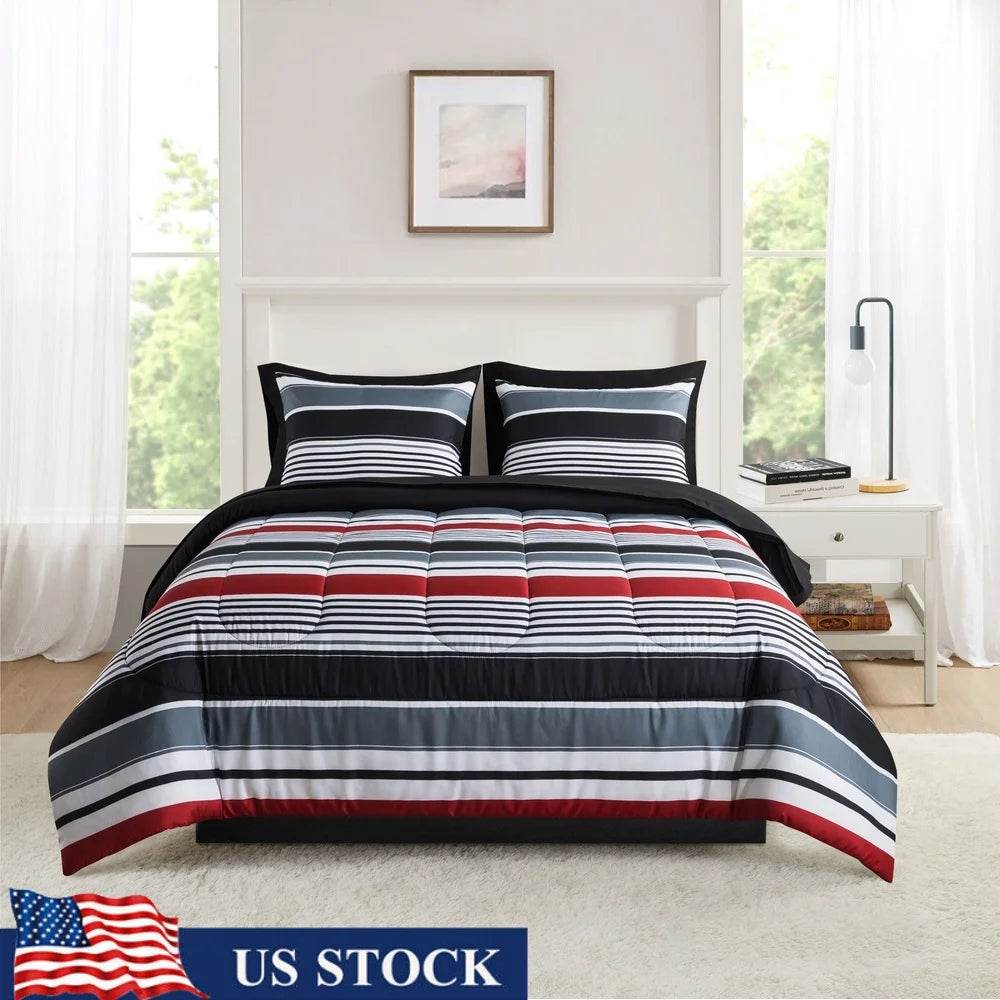7 Piece Reversible Bedding Set Queen Comforter Sheets Pillowcases Shams Soft Polyester Machine Washable Unisex Storage Bag - Sleep Galleria