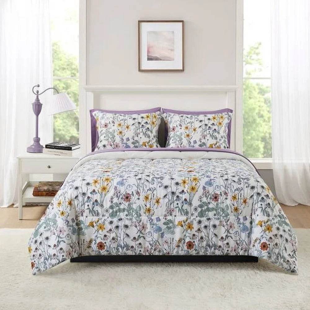 7 Piece Reversible Comforter Set with Sheets Floral Design Soft Polyester Includes Pillow Shams Storage Bag Unisex Bedding - Sleep Galleria