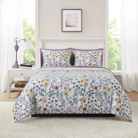 7 Piece Reversible Comforter Set with Sheets Floral Design Soft Polyester Includes Pillow Shams Storage Bag Unisex Bedding - Sleep Galleria