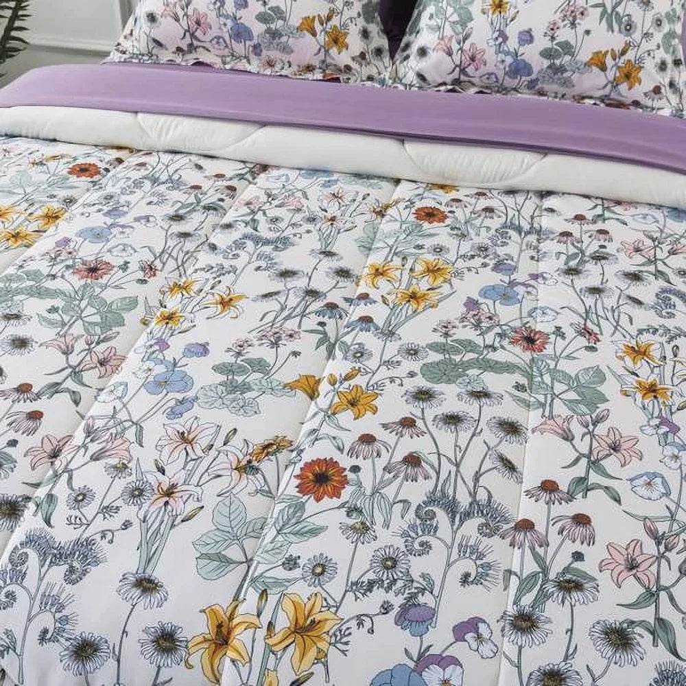 7 Piece Reversible Comforter Set with Sheets Floral Design Soft Polyester Includes Pillow Shams Storage Bag Unisex Bedding - Sleep Galleria