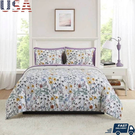 7 Piece Reversible Comforter Set with Sheets Floral Design Soft Polyester Includes Pillow Shams Storage Bag Unisex Bedding - Sleep Galleria