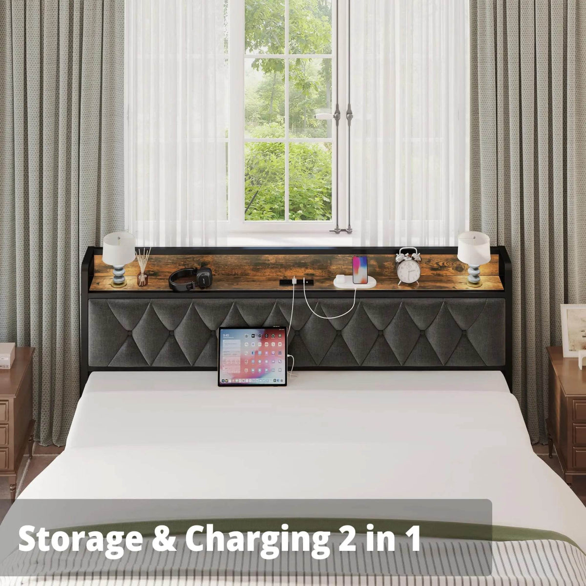 ANCTOR Twin/TwinXL/Full/Queen/King/CaliforniaKing Bed Frames, Storage Headboard with Outlets, No Noise, No Box Springs Needed - Sleep Galleria
