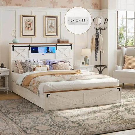 Bed Frame King Size with LED Lights and Charging Station, Wooden King Bed with 2 Storage Drawers, Rustic Headboard - Omega Lifestyles