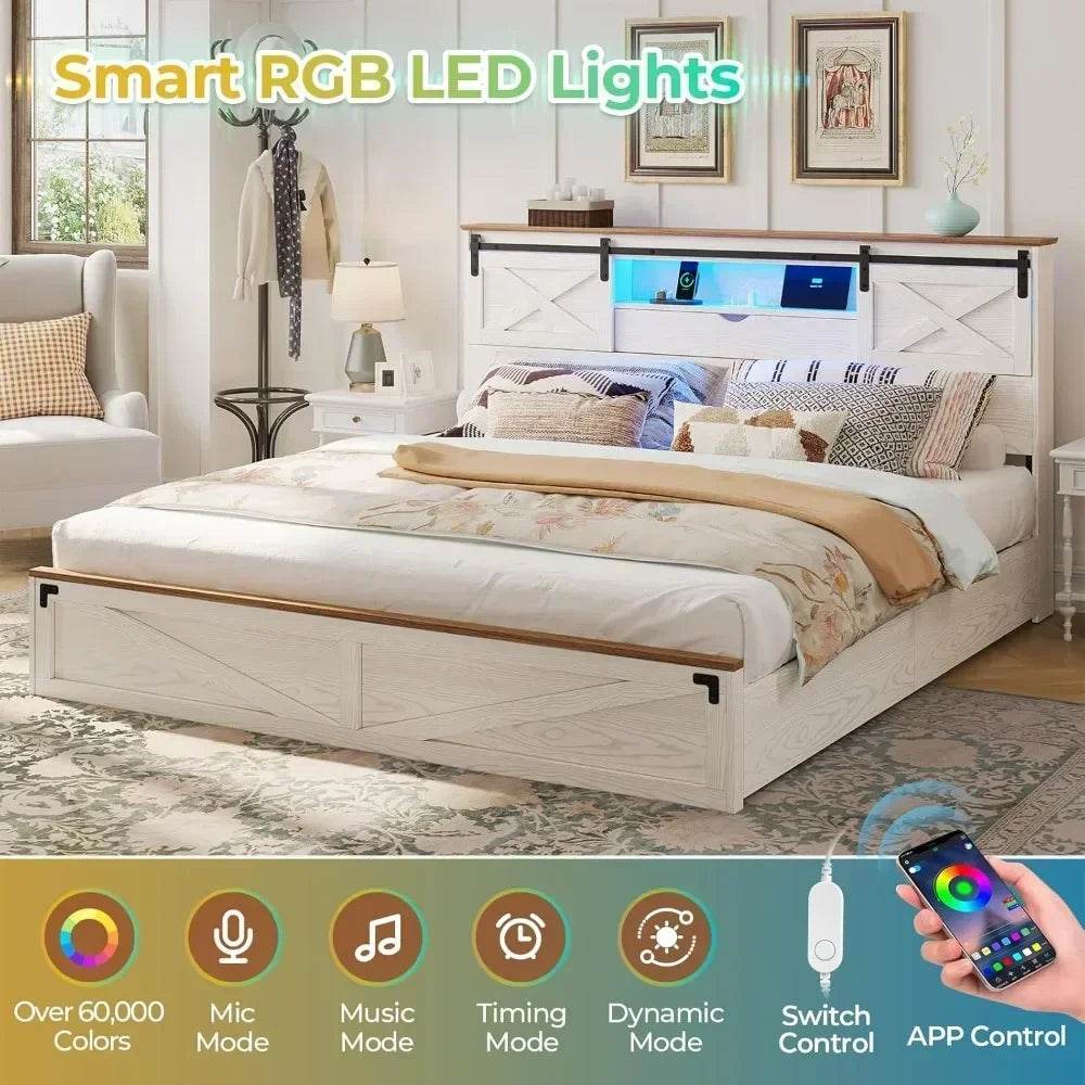 Bed Frame King Size with LED Lights and Charging Station, Wooden King Bed with 2 Storage Drawers, Rustic Headboard - Sleep Galleria