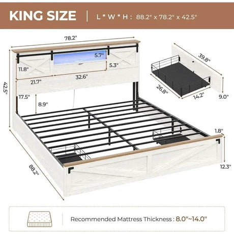 Bed Frame King Size with LED Lights and Charging Station, Wooden King Bed with 2 Storage Drawers, Rustic Headboard - Omega Lifestyles