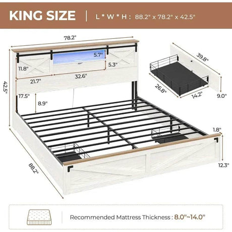 Bed Frame King Size with LED Lights and Charging Station, Wooden King Bed with 2 Storage Drawers, Rustic Headboard - Sleep Galleria