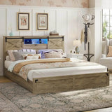 Bed Frame King Size with LED Lights and Charging Station, Wooden King Bed with 2 Storage Drawers, Rustic Headboard - Omega Lifestyles