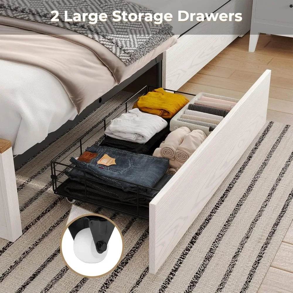 Bed Frame King Size with LED Lights and Charging Station, Wooden King Bed with 2 Storage Drawers, Rustic Headboard - Omega Lifestyles