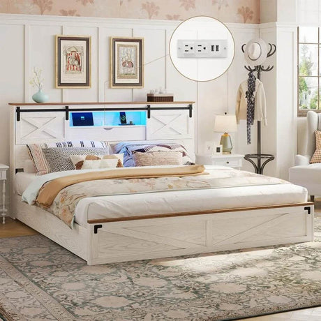 Bed Frame King Size with LED Lights and Charging Station, Wooden King Bed with 2 Storage Drawers, Rustic Headboard - Omega Lifestyles