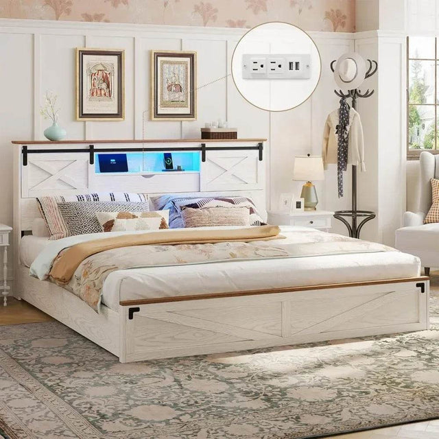 Bed Frame King Size with LED Lights and Charging Station, Wooden King Bed with 2 Storage Drawers, Rustic Headboard - Sleep Galleria