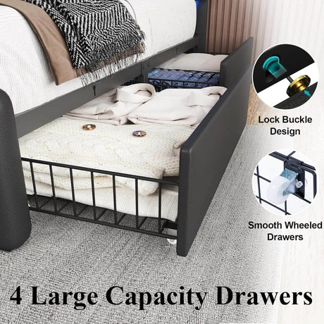 Bed Frame with 4 Storage Drawers and LED Lights Upholstered Platform Bed with Adjustable Headboard and Charging Station Metal Sl - Sleep Galleria
