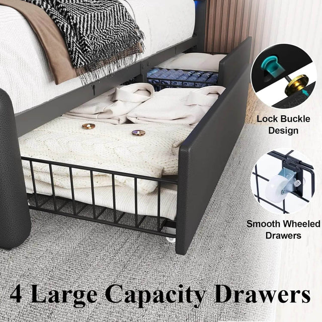 Bed Frame with 4 Storage Drawers and LED Lights Upholstered Platform Bed with Adjustable Headboard and Charging Station Metal Sl - Omega Lifestyles