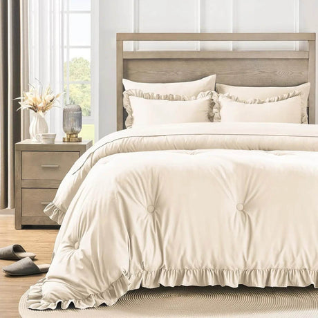 Bedding Set, 7 Pieces King Comforter Set in Green Ruffle, Shabby Chic Bed in A Bag with Premium Brushed Microfiber, Bedding - Omega Lifestyles