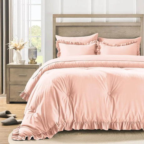 Bedding Set, 7 Pieces King Comforter Set in Green Ruffle, Shabby Chic Bed in A Bag with Premium Brushed Microfiber, Bedding - Omega Lifestyles