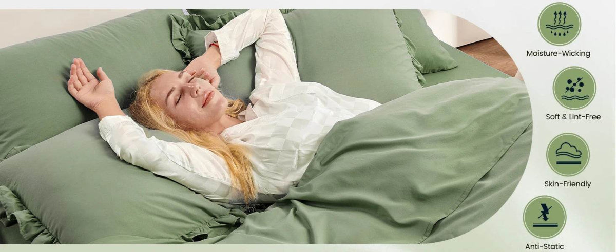 Bedding Set, 7 Pieces King Comforter Set in Green Ruffle, Shabby Chic Bed in A Bag with Premium Brushed Microfiber, Bedding - Omega Lifestyles