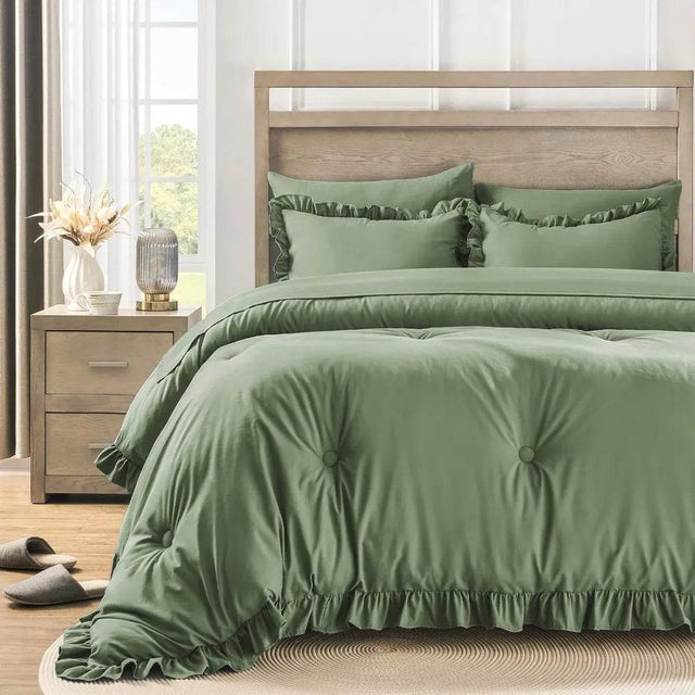 Bedding Set, 7 Pieces King Comforter Set in Green Ruffle, Shabby Chic Bed in A Bag with Premium Brushed Microfiber, Bedding - Omega Lifestyles