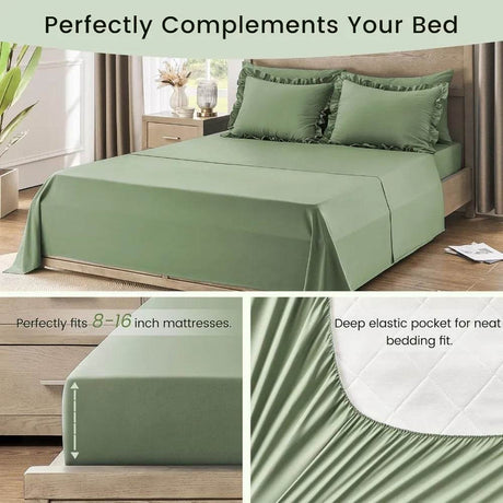 Bedding Set, 7 Pieces King Comforter Set in Green Ruffle, Shabby Chic Bed in A Bag with Premium Brushed Microfiber, Bedding - Omega Lifestyles