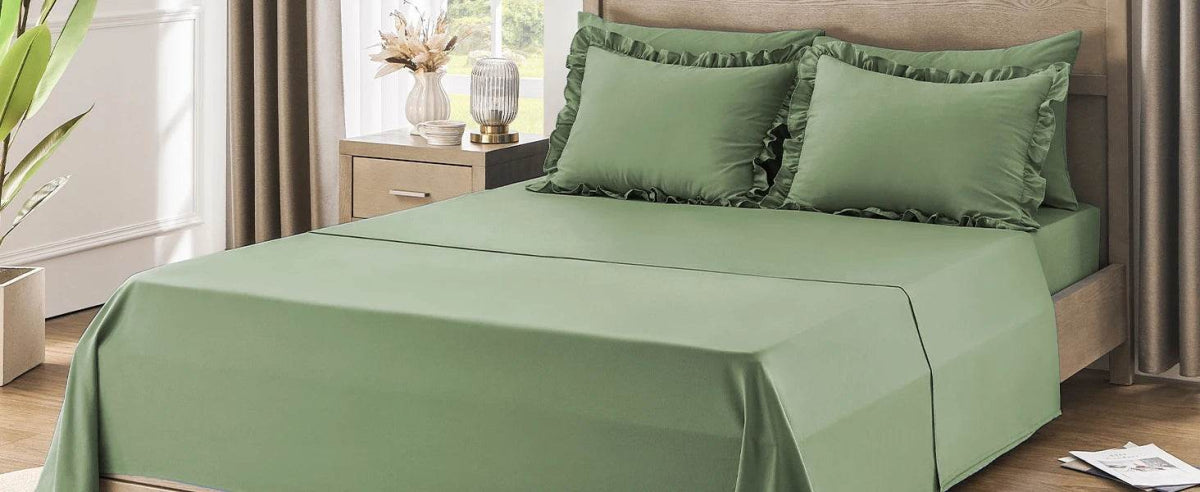 Bedding Set, 7 Pieces King Comforter Set in Green Ruffle, Shabby Chic Bed in A Bag with Premium Brushed Microfiber, Bedding - Omega Lifestyles